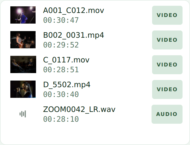 The media pool: four camera files and a recorder, with thumbnails and durations.