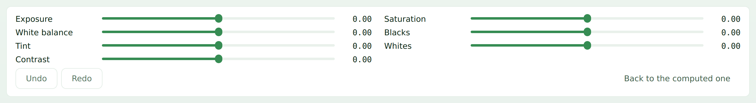 The fine controls: exposure, white balance, tint, contrast, saturation, blacks and whites.