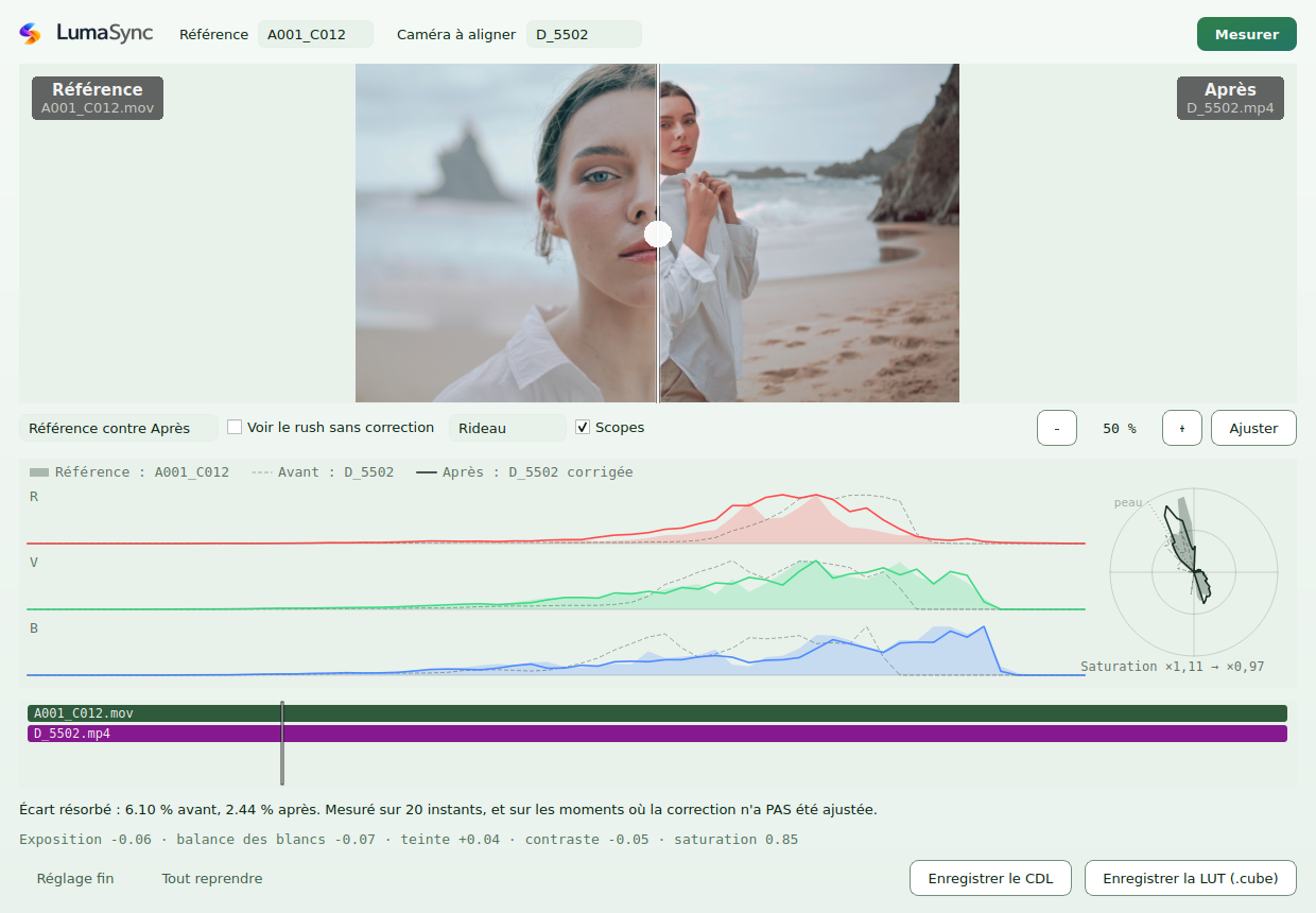 La fenêtre LumaSync : un rideau entre les deux caméras, les scopes en dessous, et le chiffre mesuré.
