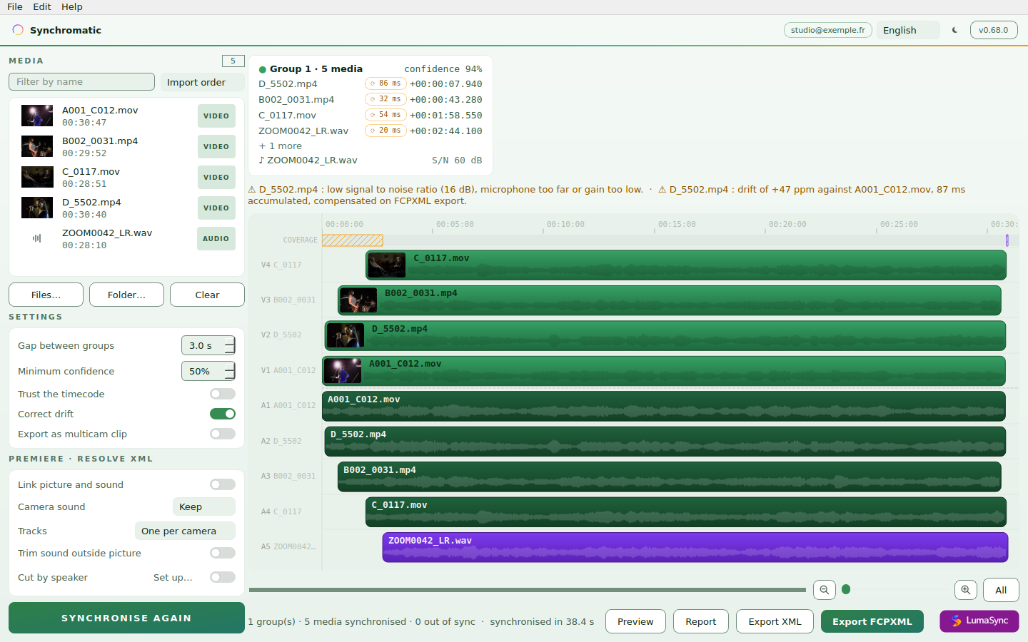 A four-camera concert plus a recorder, after one pass. Every clip placed, drift measured per source, ready to export.